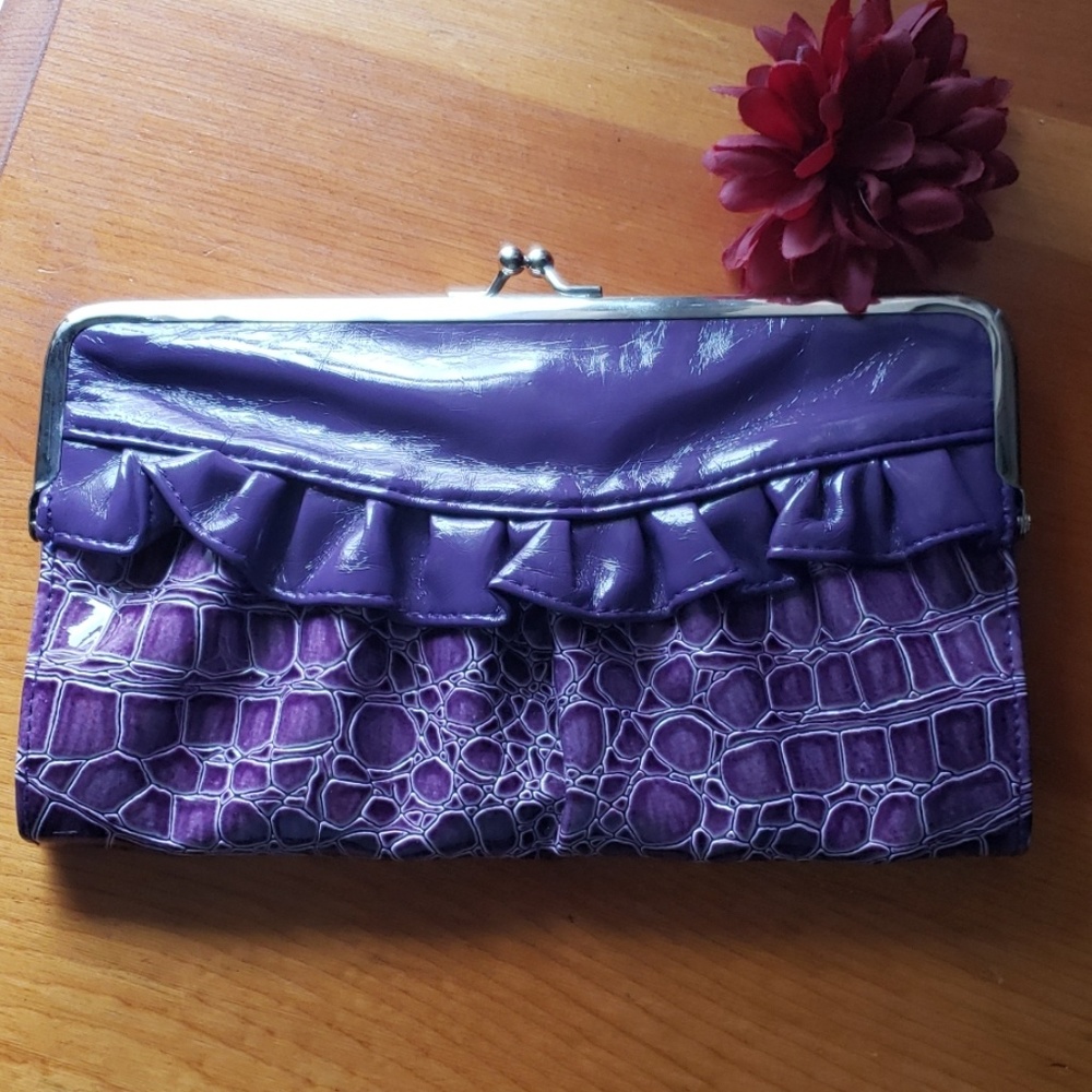 Purple ruffle, alligator skin look clutch